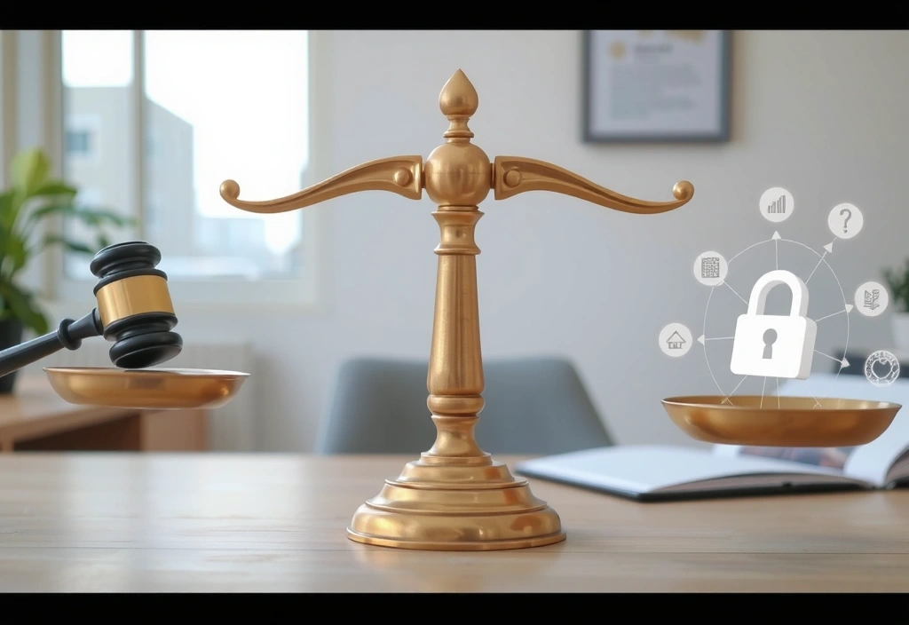 A balance scale with legal documents, representing compliance.